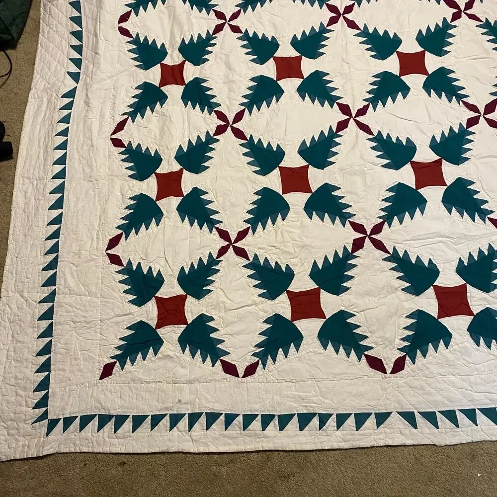 Vintage Patchwork Quilt Set 2 Shams Twin Full Cream Green Red Cotton Bedding